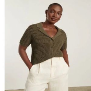 Everlane The Crochet Knit Polo Sweater Cardigan in Beech Short Sleeve